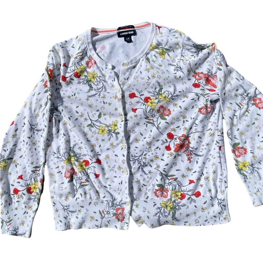 Lands' End Large Floral Print Cardigan - Red, Yellow, Green on White